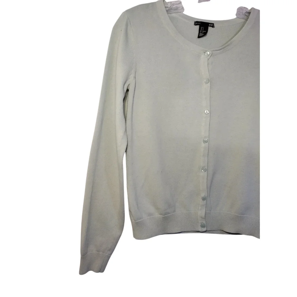 H&M Womens Crew neck Ribbed Knit Basic Cardigan Sweater Gray 100%Cotton Small - Image 5