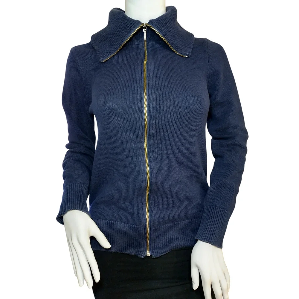 Ann Taylor Womens High Neck Zip Up Wool Knit Cardigan Sweater Navy Blue Sz Sm