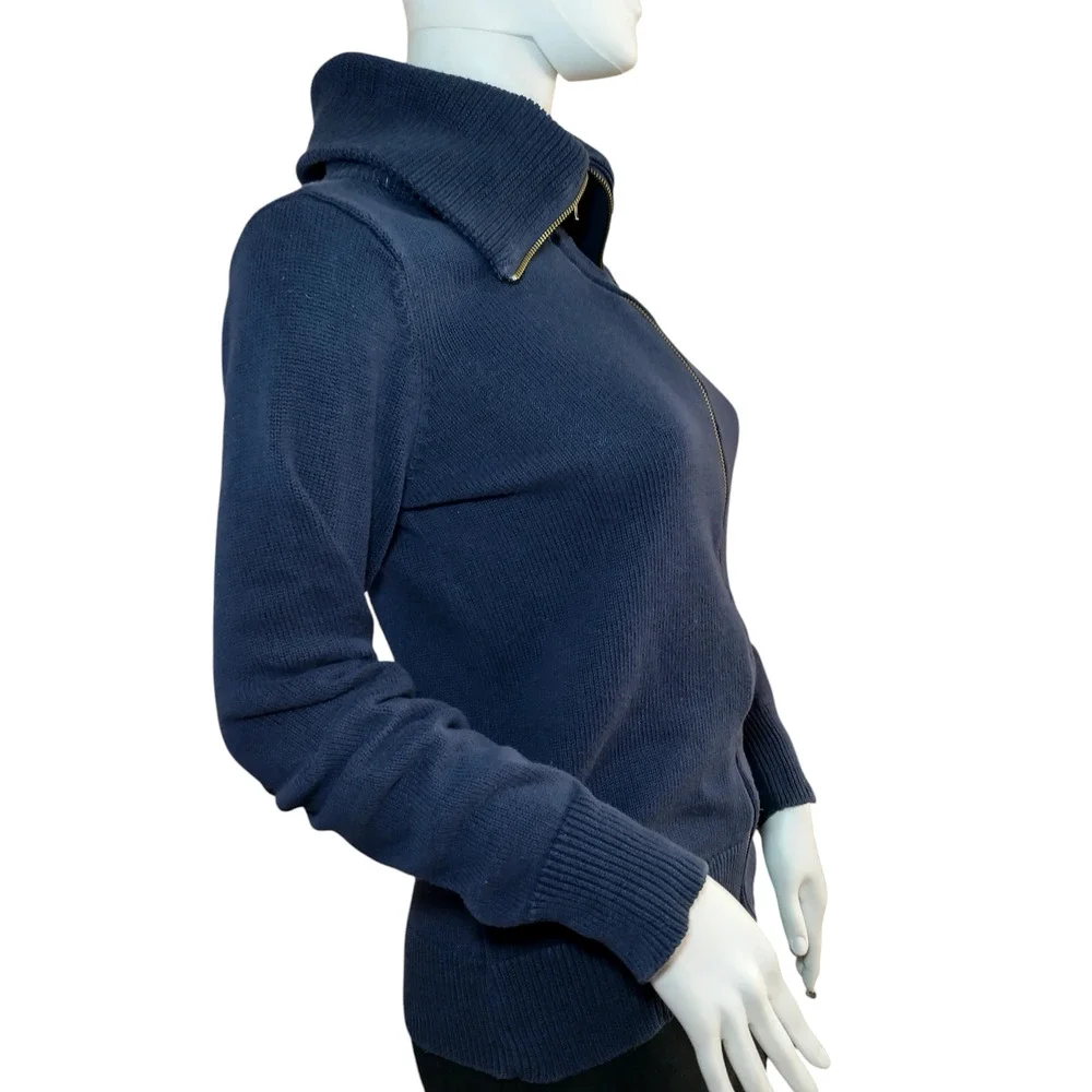 Ann Taylor Womens High Neck Zip Up Wool Knit Cardigan Sweater Navy Blue Sz Sm - Image 7