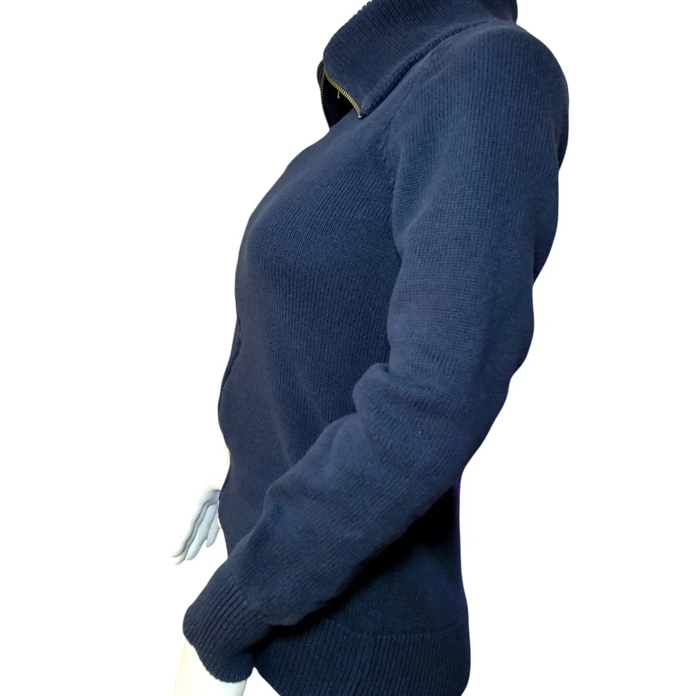 Ann Taylor Womens High Neck Zip Up Wool Knit Cardigan Sweater Navy Blue Sz Sm - Image 5
