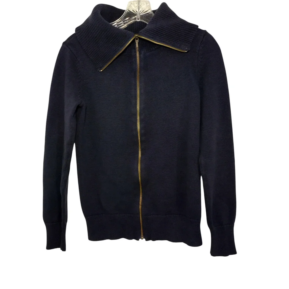 Ann Taylor Womens High Neck Zip Up Wool Knit Cardigan Sweater Navy Blue Sz Sm - Image 2