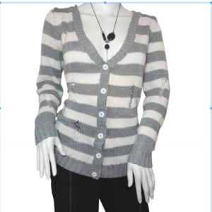 Forever 21 Cardigan Sweater Knit Button Front V-Neck Striped Gray Womens Medium