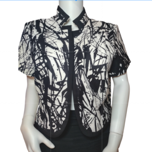 Dressbarn Womens Short Sleeve Cropped Open Front Blazer White Black Abstract 16