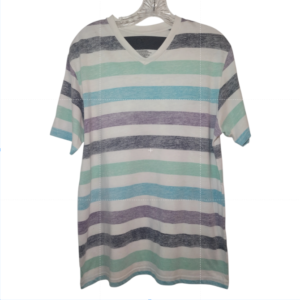 Mens Basic Casual Short Sleeve V neck Navy Aqua Gray Striped T-shirt Sz M